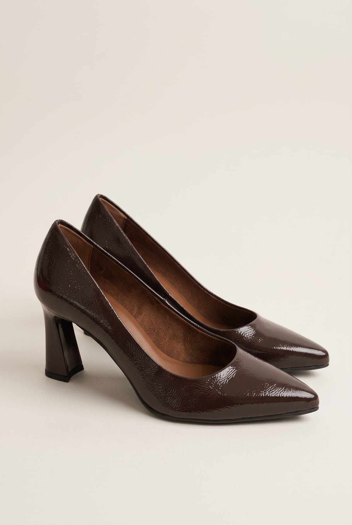 Block Heel Pumps Pointed Toe - Brown Patent