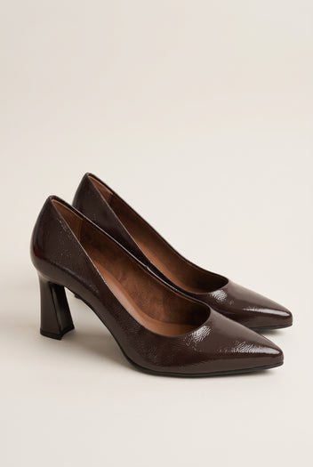 Block Heel Pumps Pointed Toe - Brown Patent
