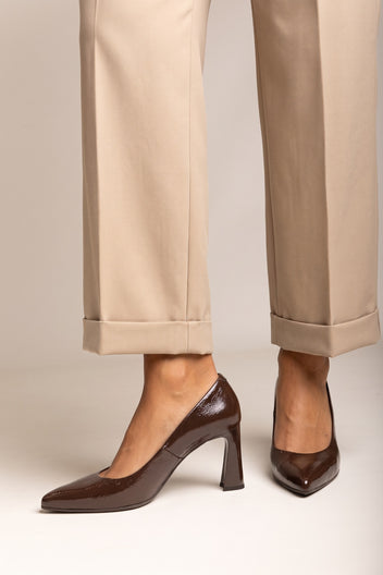 Block Heel Pumps Pointed Toe - Brown Patent