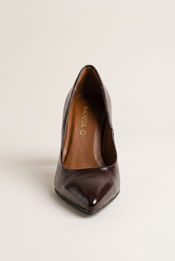 Block Heel Pumps Pointed Toe - Brown Patent