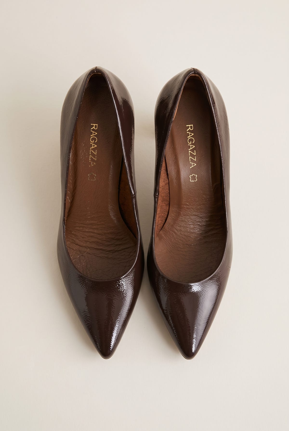 Block Heel Pumps Pointed Toe - Brown Patent
