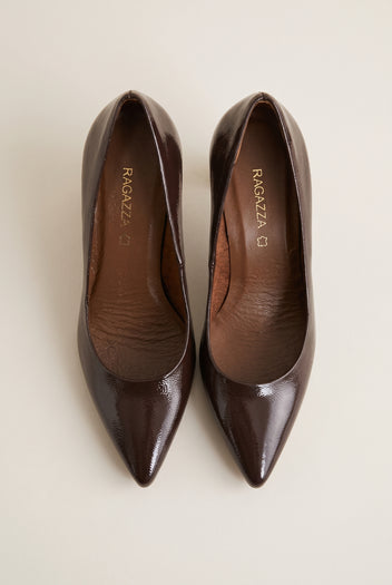 Block Heel Pumps Pointed Toe - Brown Patent