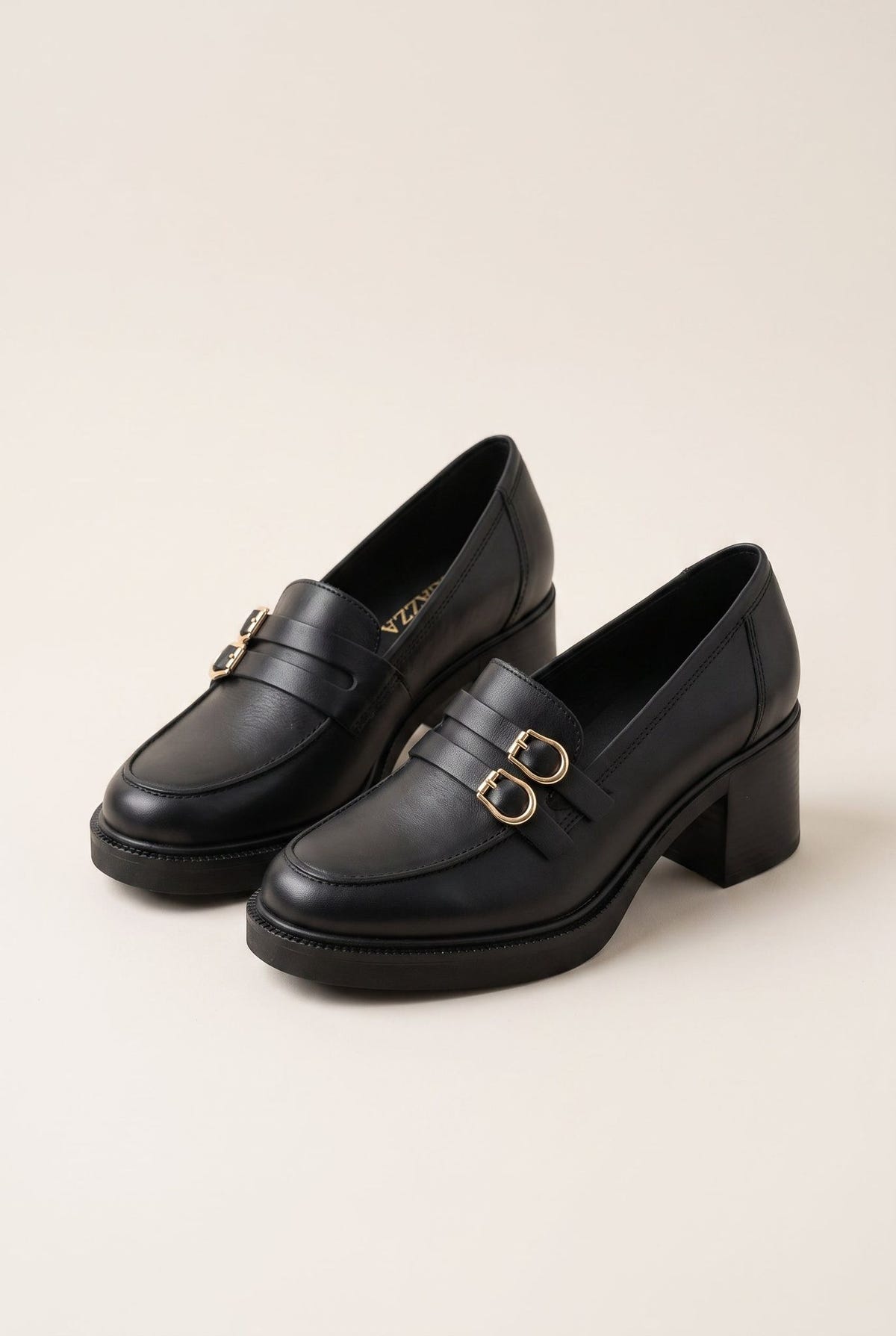 Block Heel Loafers Buckle Strap - Black Matte