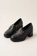 Block Heel Loafers Buckle Strap - Black Matte