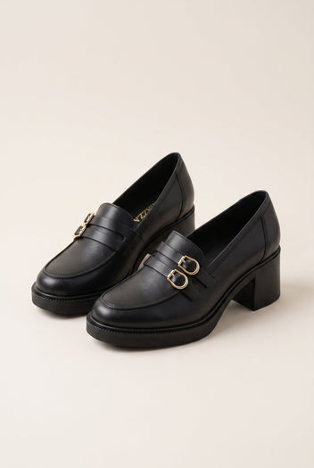 Block Heel Loafers Buckle Strap - Black Matte