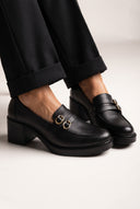Loafers με Τετράγωνο Τακούνι και Λουράκι με Αγκράφα - Μαύρο Ματ