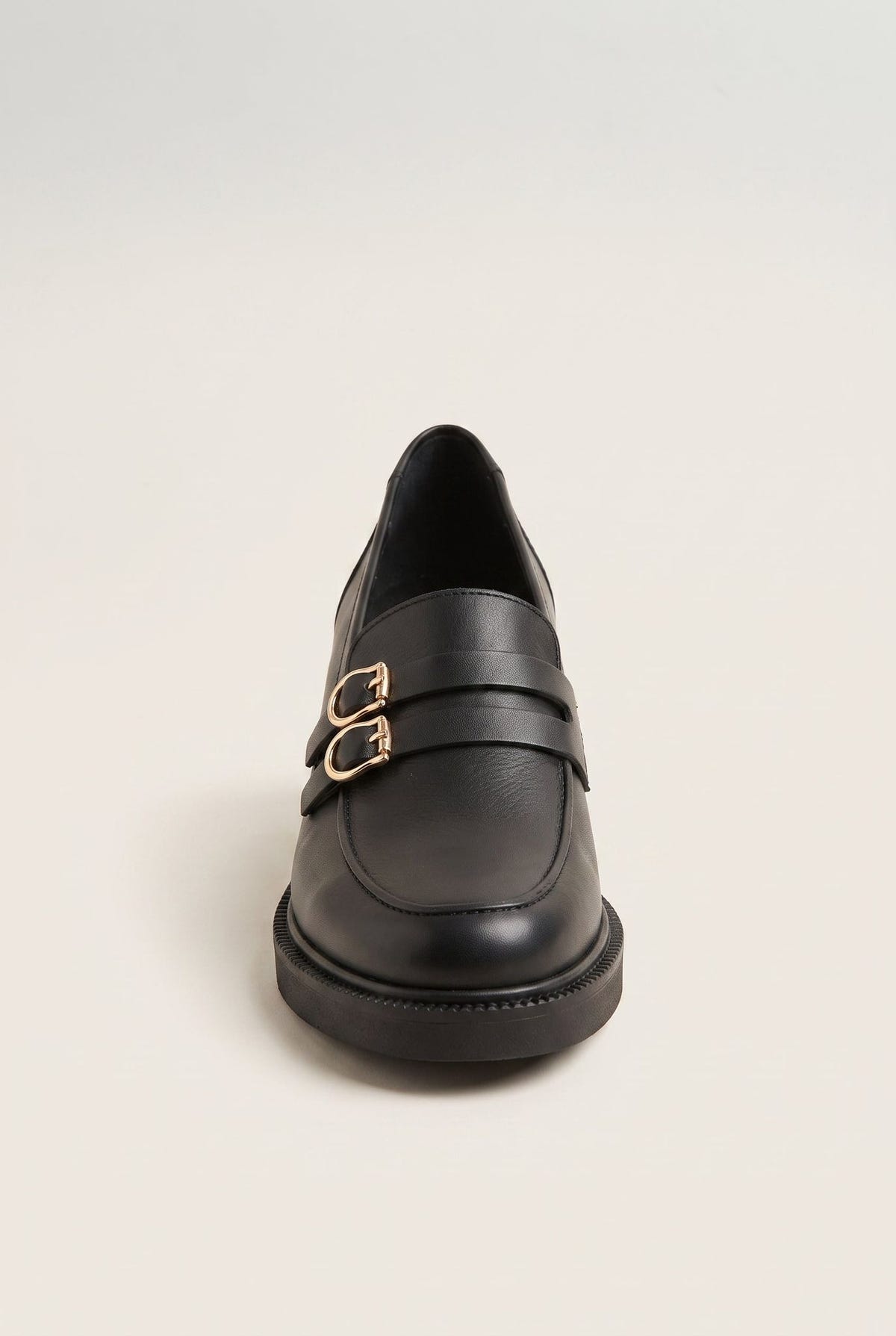 Block Heel Loafers Buckle Strap - Black Matte