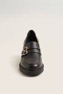Block Heel Loafers Buckle Strap - Black Matte