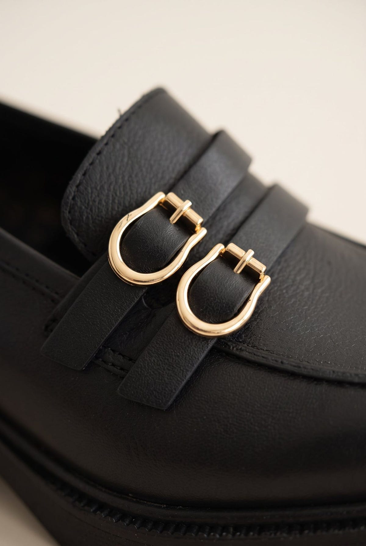 Block Heel Loafers Buckle Strap - Black Matte