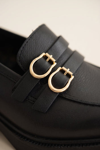 Block Heel Loafers Buckle Strap - Black Matte