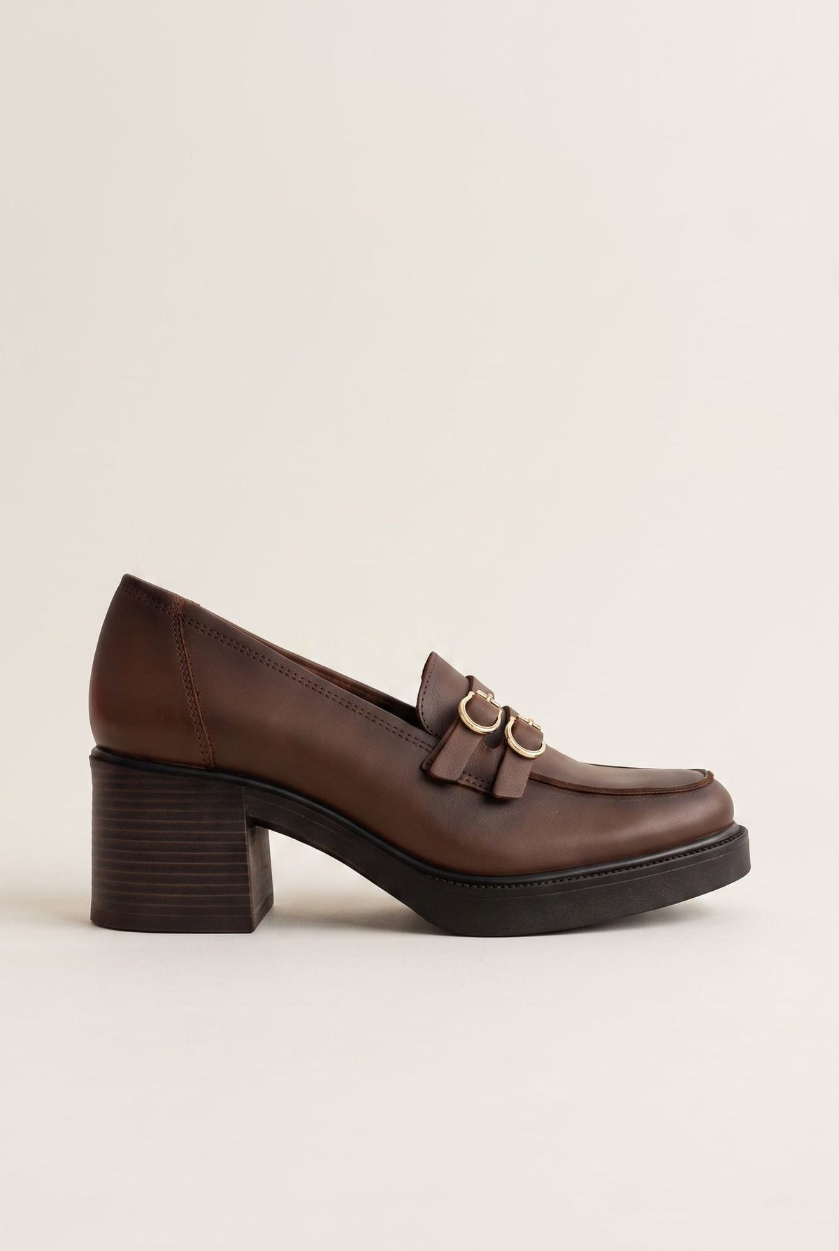Block Heel Loafers Buckle Strap - Tan Matte