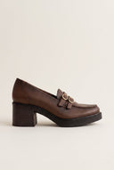 Block Heel Loafers Buckle Strap - Tan Matte