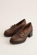 Block Heel Loafers Buckle Strap - Tan Matte
