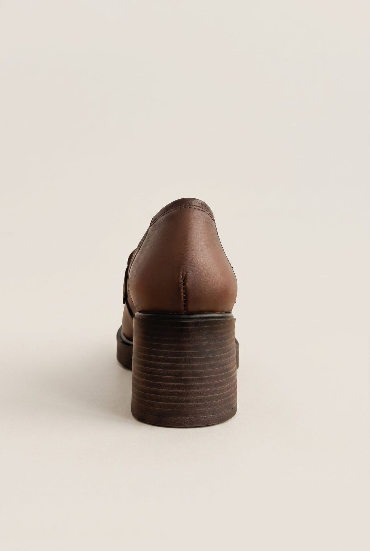 Block Heel Loafers Buckle Strap - Tan Matte