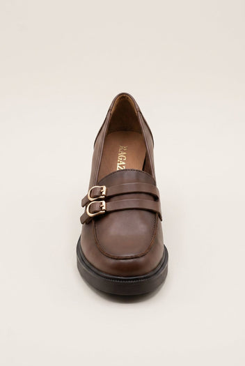 Block Heel Loafers Buckle Strap - Tan Matte