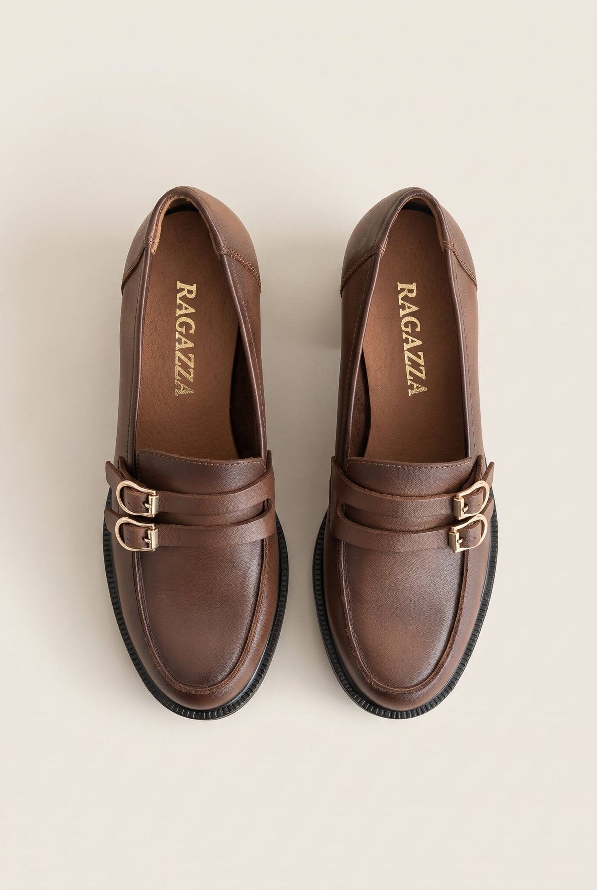 Block Heel Loafers Buckle Strap - Tan Matte