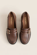 Block Heel Loafers Buckle Strap - Tan Matte