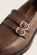 Block Heel Loafers Buckle Strap - Tan Matte
