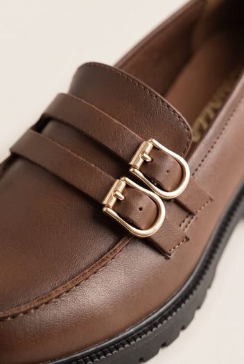 Block Heel Loafers Buckle Strap - Tan Matte