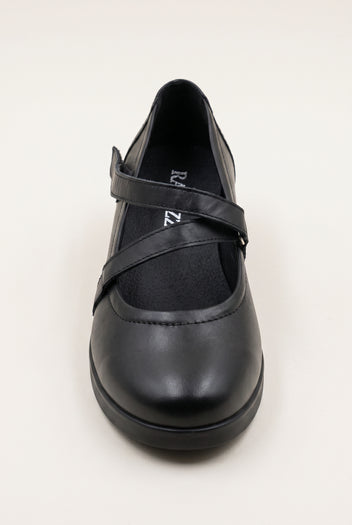 Black leather Mary Jane flat with crossover strap and rounded toe, angled front view