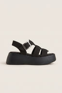 Flatform Sandals Wide Strap Buckle - Black Suede