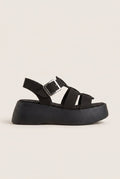 Flatform Sandals Wide Strap Buckle - Black Suede
