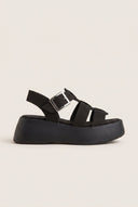 Flatform Sandals Wide Strap Buckle - Black Suede