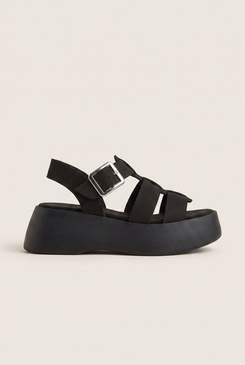 Flatform Sandals Wide Strap Buckle - Black Suede