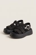 Flatform Sandals Wide Strap Buckle - Black Suede