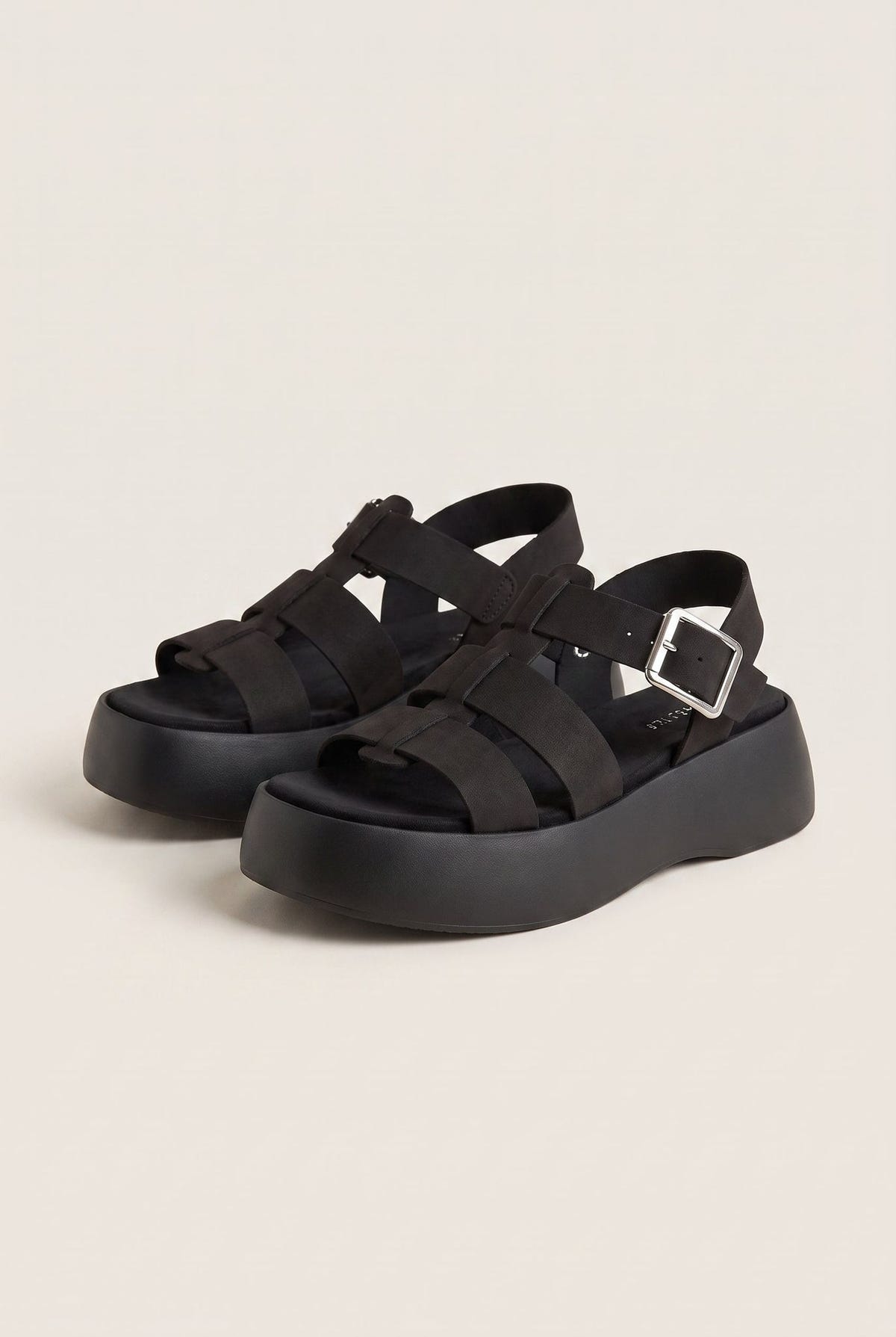 Flatform Sandals Wide Strap Buckle - Black Suede-Flatform Sandals Wide Strap Buckle - Black Suede