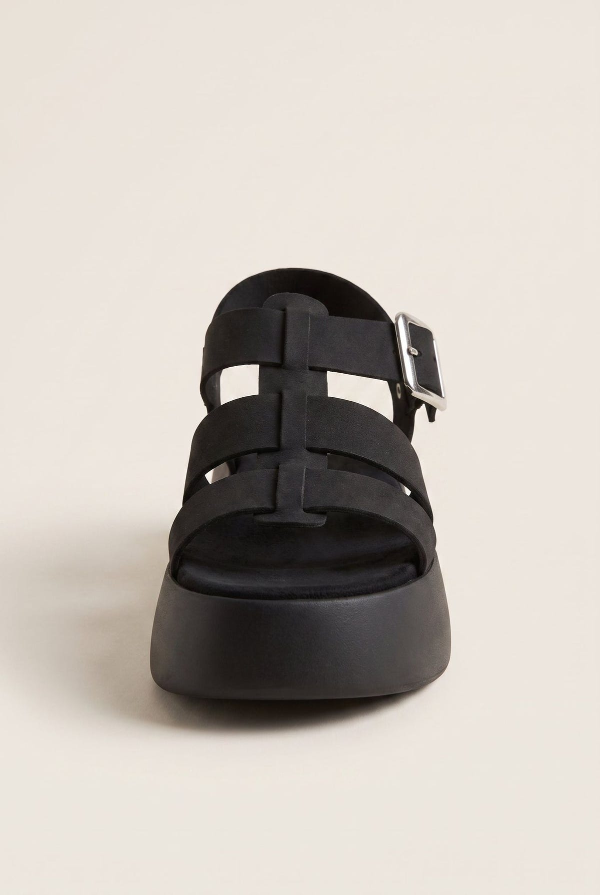 Flatform Sandals Wide Strap Buckle - Black Suede