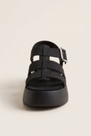 Flatform Sandals Wide Strap Buckle - Black Suede