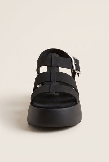 Flatform Sandals Wide Strap Buckle - Black Suede