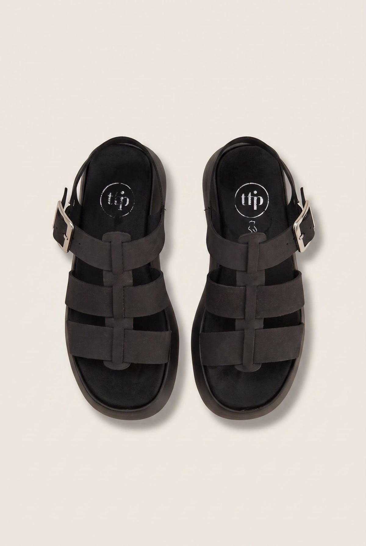 Flatform Sandals Wide Strap Buckle - Black Suede
