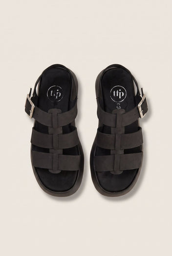 Flatform Sandals Wide Strap Buckle - Black Suede