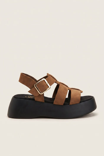 Flatform Sandals Wide Strap Buckle - Mocha Suede