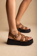 Flatform Sandals Wide Strap Buckle - Mocha Suede-Flatform Sandals Wide Strap Buckle - Mocha Suede