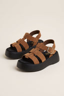 Flatform Sandals Wide Strap Buckle - Mocha Suede