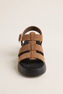 Flatform Sandals Wide Strap Buckle - Mocha Suede