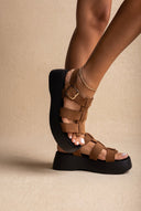Flatform Sandals Wide Strap Buckle - Mocha Suede-Flatform Sandals Wide Strap Buckle - Mocha Suede