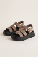 Flatform Sandals Wide Strap Buckle - Stone Suede