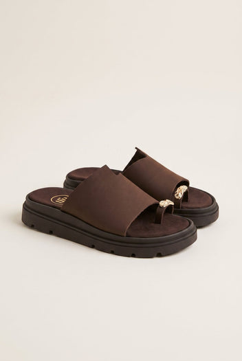 Flatform Toe Ring Sandals - Brown Suede
