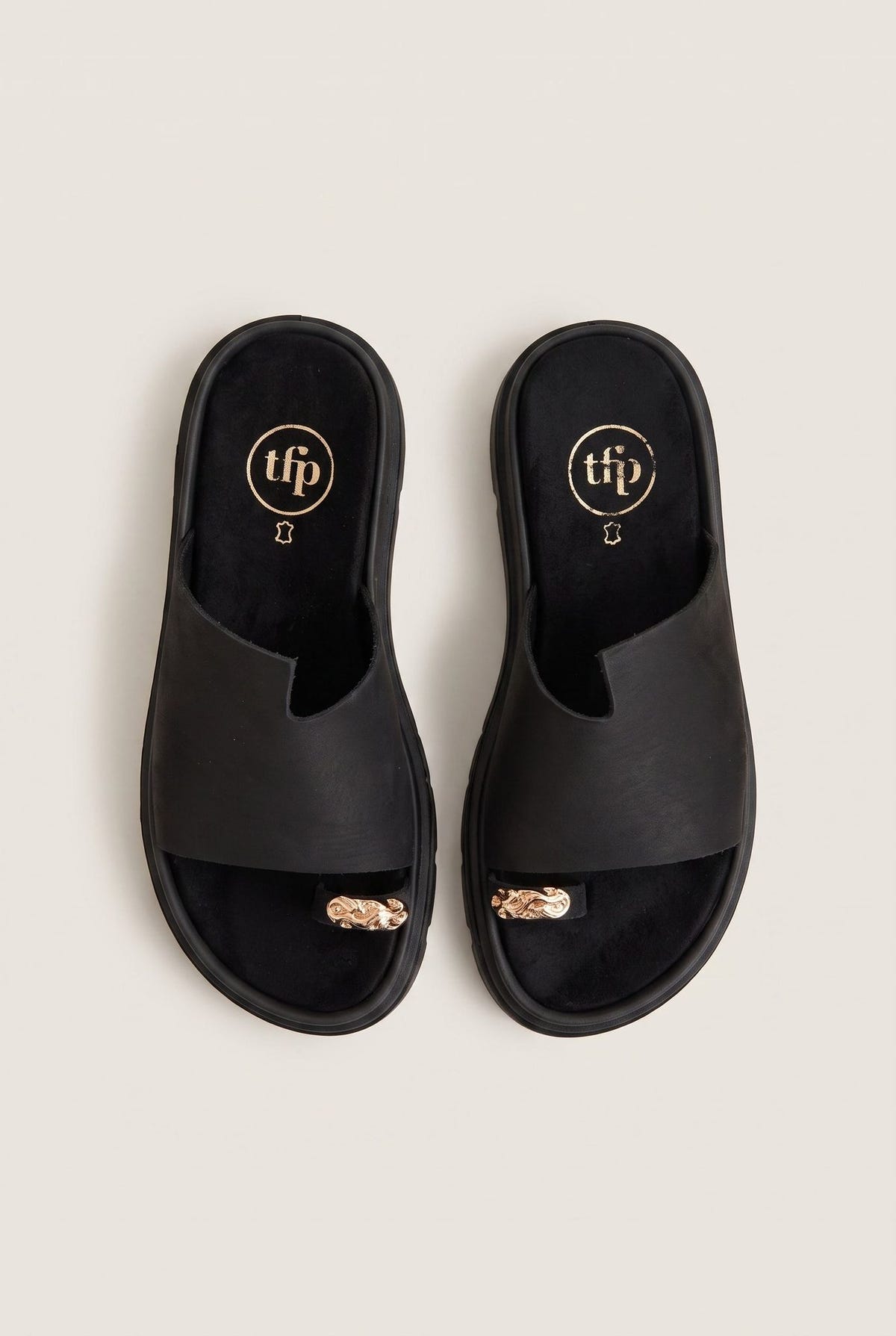 Flatform Toe Ring Sandals - Black Suede