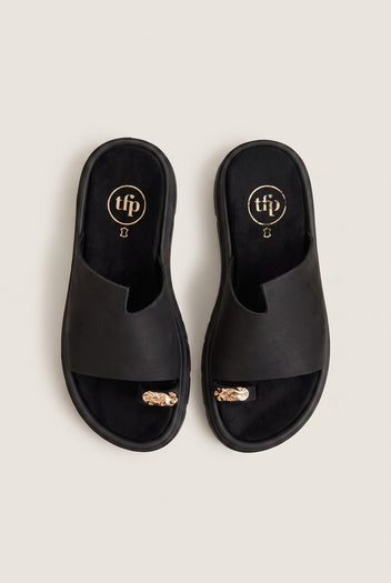 Flatform Toe Ring Sandals - Black Suede