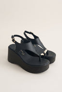 Wedge Toe Ring Sandals T-Strap - Black Matte-Wedge Toe Ring Sandals T-Strap - Black Matte