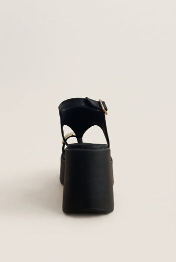 Wedge Toe Ring Sandals T-Strap - Black Matte-Wedge Toe Ring Sandals T-Strap - Black Matte