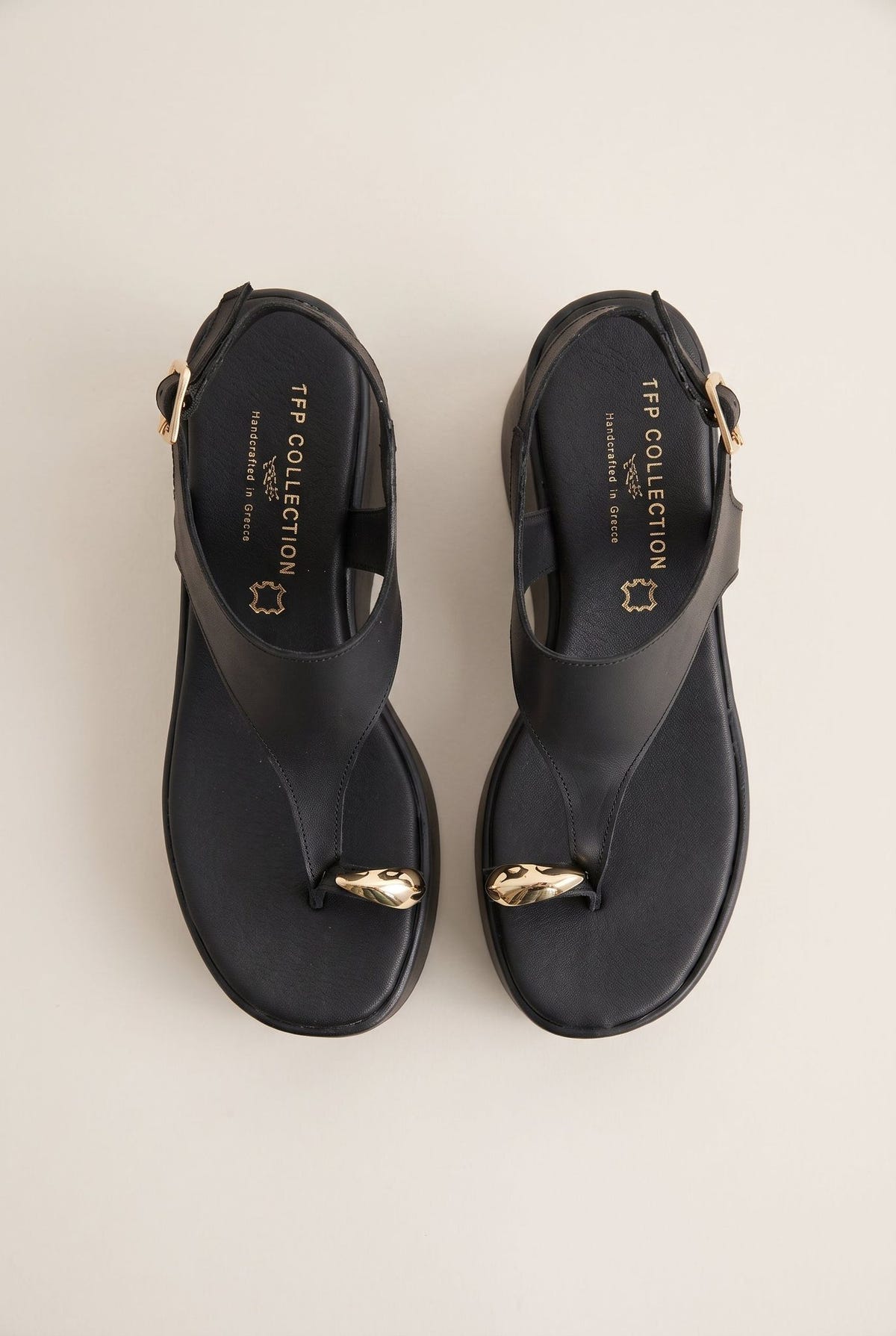 Wedge Toe Ring Sandals T-Strap - Black Matte-Wedge Toe Ring Sandals T-Strap - Black Matte