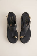 Wedge Toe Ring Sandals T-Strap - Black Matte-Wedge Toe Ring Sandals T-Strap - Black Matte