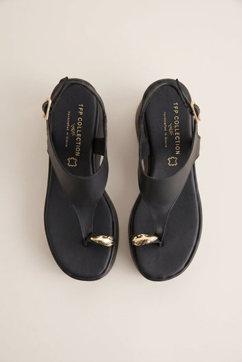 Wedge Toe Ring Sandals T-Strap - Black Matte-Wedge Toe Ring Sandals T-Strap - Black Matte