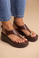 Wedge Toe Ring Sandals T-Strap - Brown Matte-Wedge Toe Ring Sandals T-Strap - Brown Matte